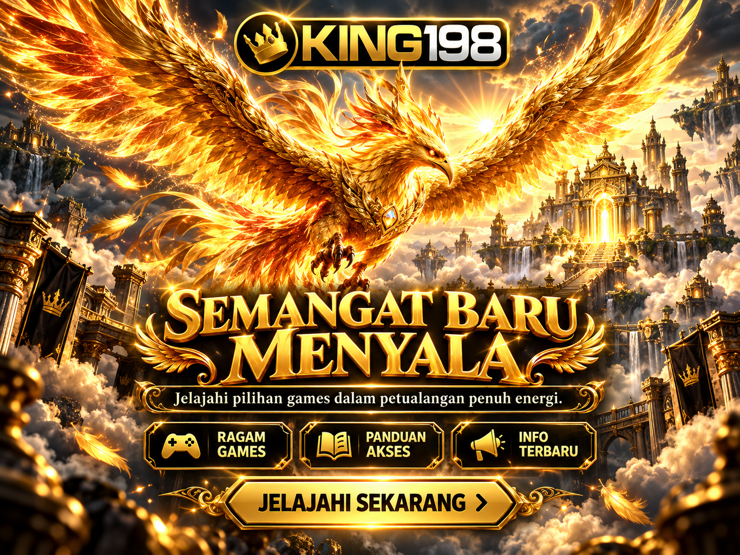 Banner KING198 dengan gladiator berzirah emas di arena koloseum hitam, sorotan cahaya emas, dan mahkota kerajaan.